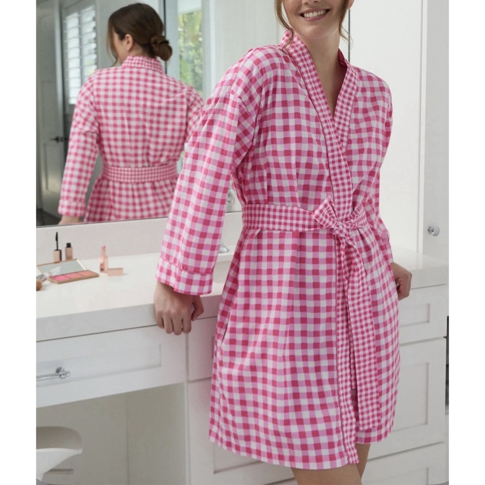 Printfresh Gingham Robe Pink Spritz Sz L/XL Organic Cotton Lounge Coquette